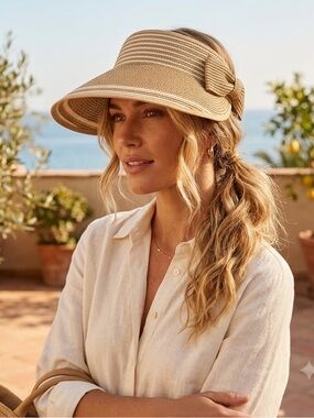 NWOT Magid Straw Color Block Roll Up Visor Tan and Cream with Bow Accent